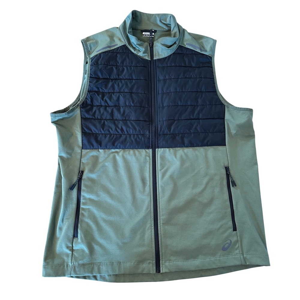 Asics Mens XL Puffer Hybrid Vest Olive Green Navy Blue Full Zip Running Training